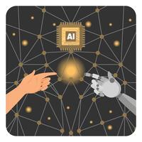 Hands of Robot and Human Touch Artificial Intelligence of Global Networking. vector