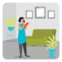 Home Staging. Woman Standing in Modern Room Using Tablet Estimating Property Value. vector