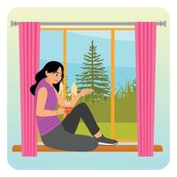 Young Thoughtful Woman Sitting and Relaxing by a Window, Enjoying Drinking Tea or Coffee. vector