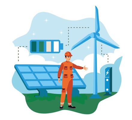 Renewable energy concept with solar panels and windmills.