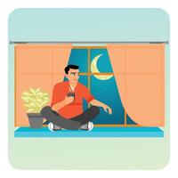 Young Thoughtful Man Drinking Coffee and Looking Through Window While Sitting on Windowsill. vector