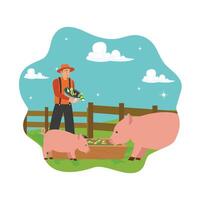 Farmer, rancher man feeding pig with vegetables. vector