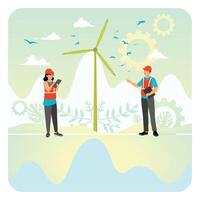 Engineers Collaborating Near Wind Turbine in Renewable Energy Development Scene. vector