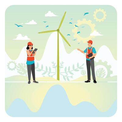 Engineers Collaborating Near Wind Turbine in Renewable Energy Development Scene.