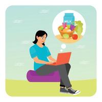 Woman Browsing Devices Using Laptop Thinking and Making Grocery Purchases Online. vector