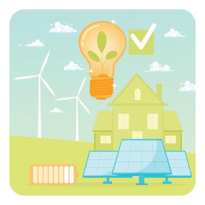 Renewable Energy Practices. Sustainable Energy Home Featuring Solar Panels and Wind Turbines.