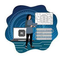 Female engineer working on ai technology and data science projects. vector