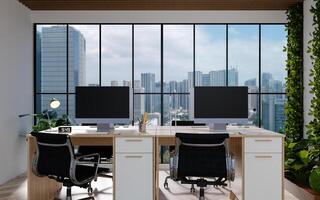 Sustainable workspace featuring greenery and city views. 3D render illustration photo