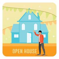 Open House Event and Realtor Welcoming Visitors. vector