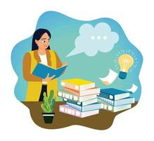 Young woman reading a book with stack of books, thought bubbles, and light bulb ideas. vector