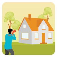 Real Estate Photography. Man Taking Photo of House with Camera. vector