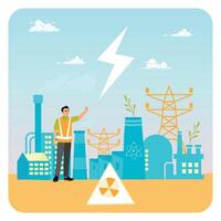 Nuclear Energy. Engineer Supervising a Power Plant with Renewable Energy Elements. vector