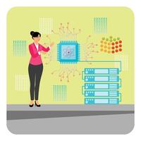 Semiconductor Scientist. Woman Demonstrating Advanced Technology and Quantum Computing vector