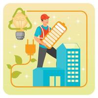 Energy Plus House. Worker Installing Solar Panels With Green Energy Conceptual Representation. vector