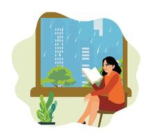 A girl reading a book indoors near the window on a rainy day. vector