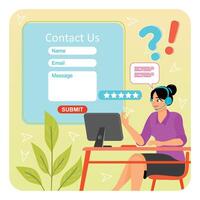 Customer Support Representative Using Computer with Contact Form on Screen. vector