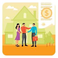 Acquiring mortgage. Couple Getting a Mortgage, Handshake with Loan Officer. vector