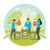 Waste Sorting. Group Sorting Recyclables into Glass, Plastic, and Organic Waste Bins Outdoors. vector