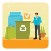 Sustainable Packaging concept. Man Displaying Eco-Friendly Recycling and Sustainability Practices. vector