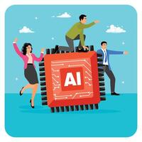 Embrace AI. People Carry AI Processing Chip to Help and Support Work. vector