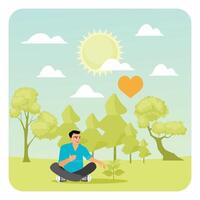 Forest Conservation. Man Caring for Sapling Amid Lush Green Forest. vector