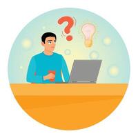 A Thoughtful Man Sitting at a Desk with a Laptop, Pondering Ideas with Question Mark and Lightbulb. vector