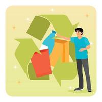 Recycled Material. Man Promoting Recycling with Colorful Materials and an Eco-Friendly Icon. vector