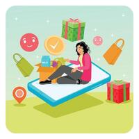 Woman Shopping Online with Packages on a Digital Device and Groceries Out of Mobile Screen. vector