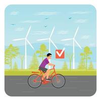 Sustainable Economic Growth with Renewable Energy, Man Riding Bicycle With Wind Turbines. vector