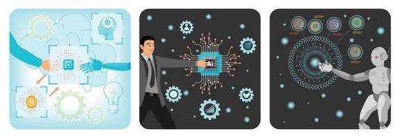 Human and Robotic Collaboration. Utilization of AI in Global Business. Robot Hand Voice Chats. vector