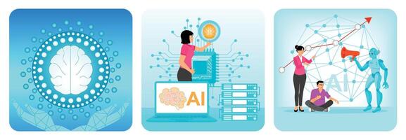 Feed Data to the AI System. Embraces server with AI and Brain. Artificial Intelligence Integration. vector