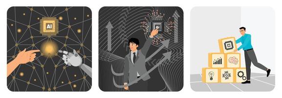 Hands of Robot and Human. Businessman Touching AI. Arranging AI Wood Blocks. vector