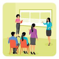 Project Presentation. Group of Student Collaboration During a Presentation in a Classroom. vector