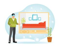 Real Estate Virtual Tour. Man Exploring Virtual Reality with Decor Scene in Augmented Technology Environment. vector