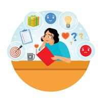 A Thoughtful Woman Making Notes Into Her Diary With Emotional and Motivational Elements Around Her. vector