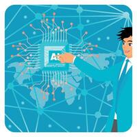 Visionary Points to AI Icon on World Map, Symbolizing Utilization of AI in Global Business. vector