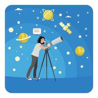 Astronomy. Woman Observing Stars and Planets Through a Telescope. vector