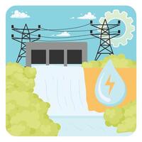 Hydro power. Hydroelectric Power Station Generating Renewable Energy Through Water Flow. vector