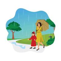 Mother and child walking in the rain with an umbrella. vector