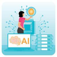 Woman embraces server with AI and Brain Icon. vector