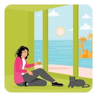 Young Thoughtful Woman Drinking Coffee and Relaxing by a Window with a Cat and Ocean View. vector