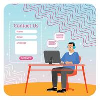 Customer Support Representative at Workplace with Headphones, Microphone and Laptop. vector