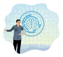 Man with laptop analyzing brain technology on digital background. vector