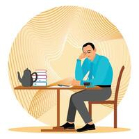 A Young Man in Thought Sitting at a Table with a Pile of Books in Front of Him. vector