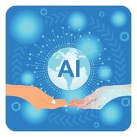 Human and Robot Hands Embracing the Earth Icon Depicts Artificial Intelligence Collaboration. vector