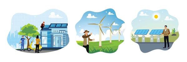 The concept of environmentally friendly electrical energy sources with windmills and solar panels. vector
