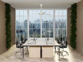 Sustainable office space layout with greenery for improved work environment. 3D render illustration photo