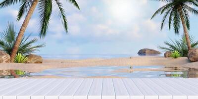 Calm Tropical Beach Reflection with Verdant Palms, 3D render illustration photo