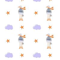 Summer pattern with a cute seagull in a scarf and a starfish vector