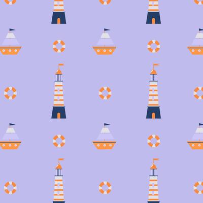 Bright pattern with a ship and a lighthouse for textiles and clothing
